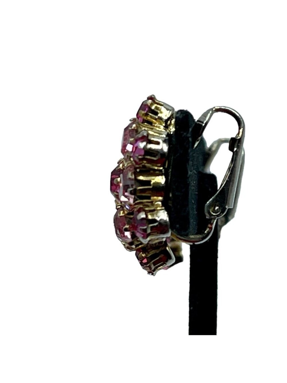Pink Rhinestone Earrings Two Toned Prong Set Cluster Vintage Clip On Gold Tone - Picture 7 of 16